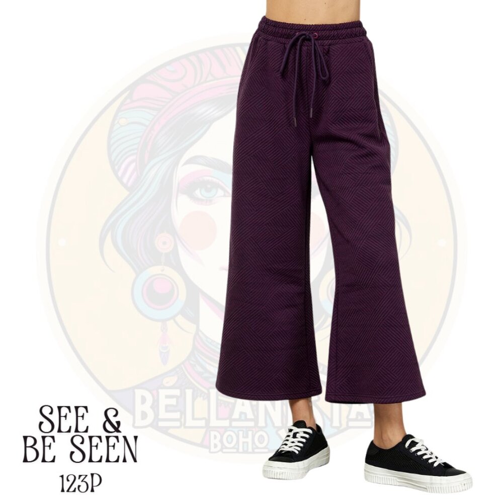 123P SEE & BE SEEN Plum Textured Cropped Stretch Wide Leg Pants
